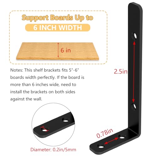 LSK 5x2 Inch Black L Bracket - 6 Pack Shelf Support, 42lb Load
