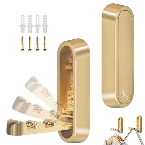 WXISOML Folding Wall Hooks - Heavy Duty Zinc Alloy Coat Hooks, Gold (2PCS)