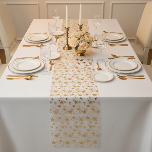 Gold Star Table Runner 16 Ft - Elegant Party & Wedding Table Decor