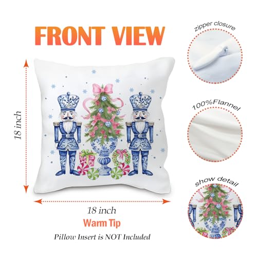 Nutcracker Pink Bows Christmas Pillow Cover 18x18 - Coquette Bows Tree Throw Pillowcase, Chinoiserie Decor, Flannel