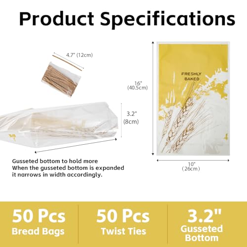 Clear Plastic Bread Bags with Ties - 50 Pack for Homemade Bread