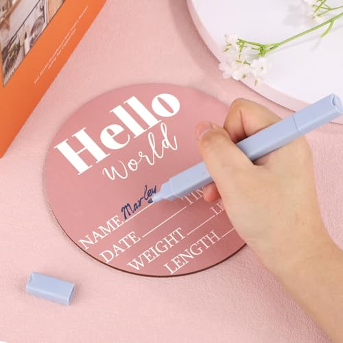 Wooden Baby Announcement Sign 5.9 Inch Hello World Newborn Name Plaque Pink