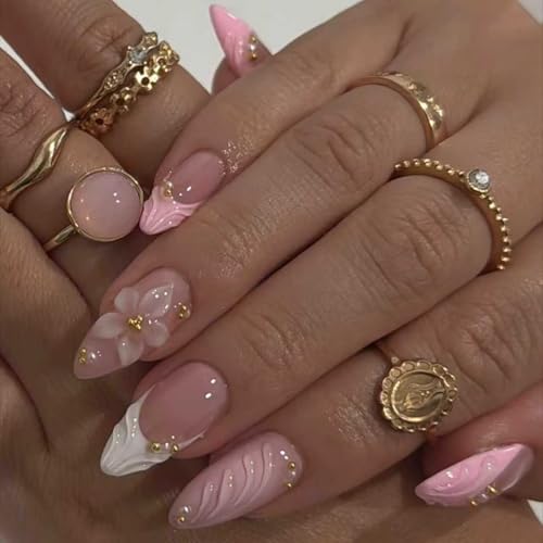 Lukmexor French Tip Press On Nails Medium Almond Fake Nails with Gold Pearl and Flower Designs