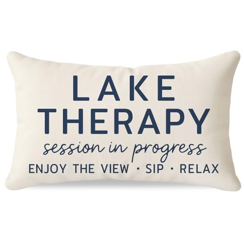 Lake Therapy Lumbar Throw Pillow Cover, 12x20 Inch Farmhouse Cream Decor