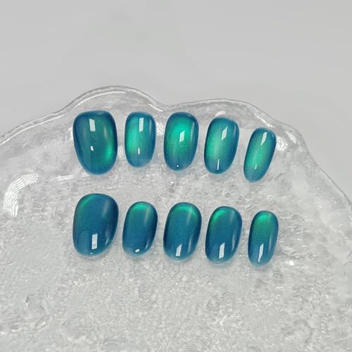 Cat Eye Press On Nails Handmade Short Oval False Nails with French Tip
