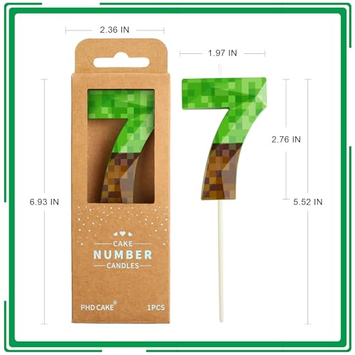 PHD CAKE 2.76 Inch Pixel Number 7 Birthday Candle - Green Miner Style