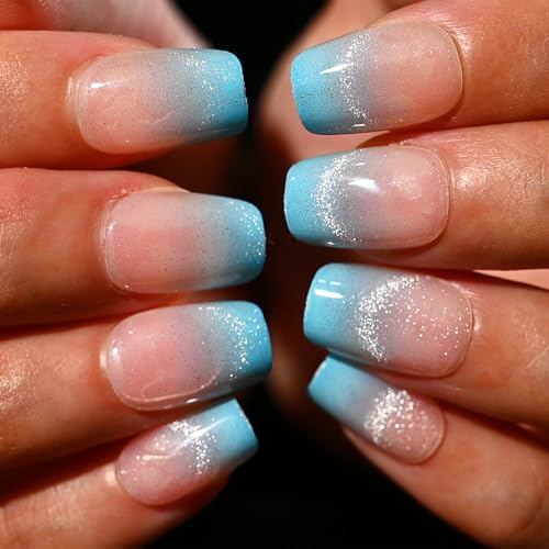 Blue Gradient Cat Eye Coffin Press on Nails - 30 Pcs Soft Gel Kit