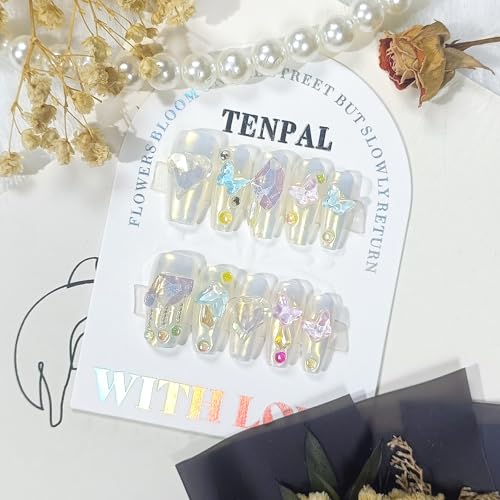 TENPAL Handmade Press on Nails Coffin 3D Crystal Heart Aurora False Nails XS