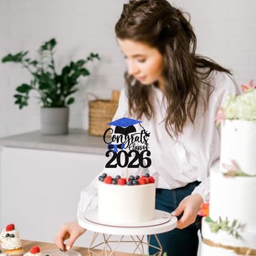Congrats Grad 2026 Cake Topper Blue Glitter Graduation Party Decoration