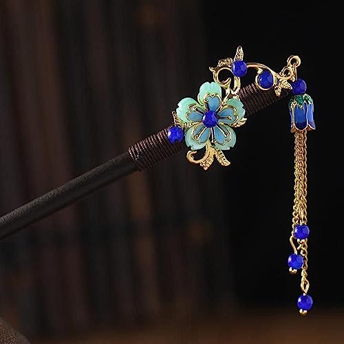 Blue Wooden Hair Stick Vintage Tassel Floral Hairpin for Updos Hanfu