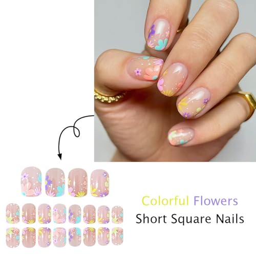 Short Square Press on Nails Floral French Tip Reusable Acrylic Fake Nails