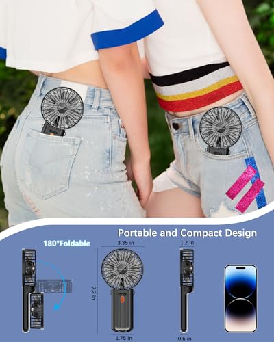 Enituo Portable Handheld Mini Fan - Black, 180° Adjustable, 4 Speeds, 15H Battery Life