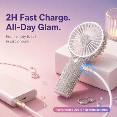 TAZTIR Rhinestone Handheld Fan - Portable USB-C Rechargeable Mini Fan, White
