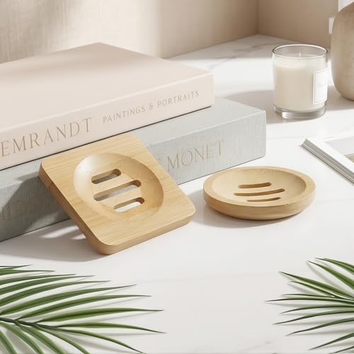 2 Pcs Wooden Soap Saver Dish Set - Natural Bamboo Self-Draining Shower Holders