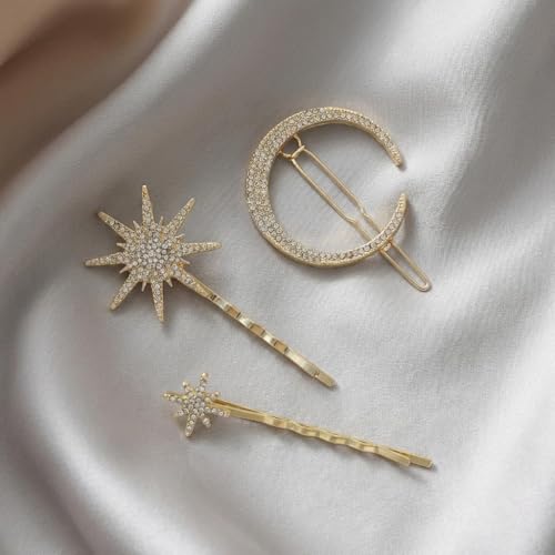 Wouputy 3 Pack Gold Crystal Moon and Star Hair Pins Celestial Accessories