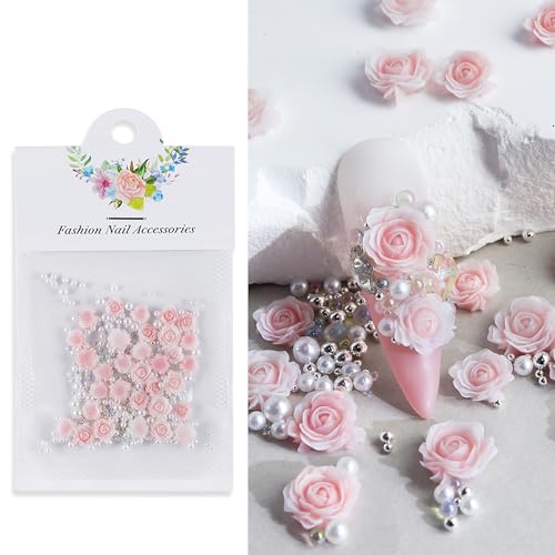 3D Acrylic Rose Nail Charms with Pearls and Beads - 30 Pcs