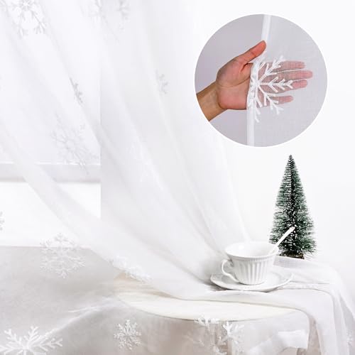 Christmas Sheer Curtains with Embroidered Snowflakes - 52x84 Inches, White, Pack of 2, Rod Pocket