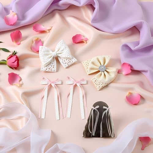 Pink Lace Bow Hair Clips with Pearls, Cute Coquette Hair Barrettes - 2Pcs