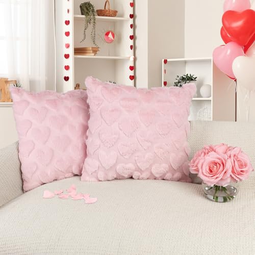 JoraLion 18x18 Plush Heart Throw Pillow Covers - Set of 2, Pink