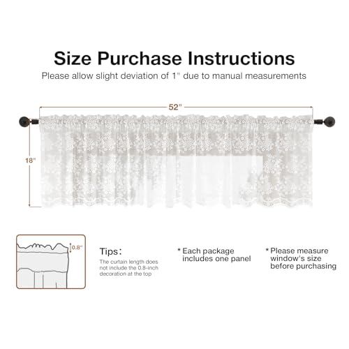 Rinwoc White Lace Semi-Sheer Valance Curtain 52" x 18" – Elegant Floral Tiers