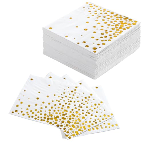 Elegant 80 Pack 3-Ply Gold Cocktail Napkins - 5" White with Gold Foil Dots