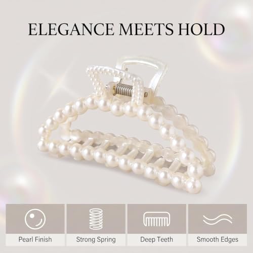 Large White Faux Pearl Hair Claw Clips for Thick and Thin Hair