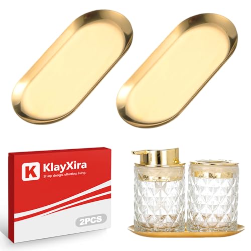 KlayXira 2-Pack 7-Inch Gold Stainless Steel Vanity Trays for Jewelry