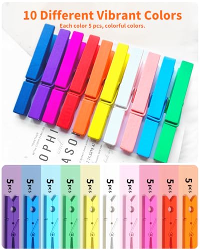 10 Colorful Wooden Clothespins - Heavy Duty 3.55 Inch Clips (50 Pack)