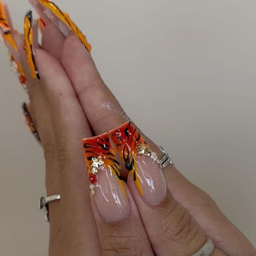 Flower French Tip Press on Nails Long Square 3D Floral Butterfly Fake Nails