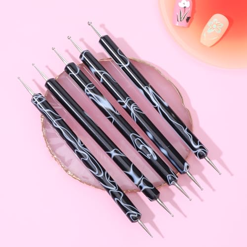 5-Piece Black Nail Art Dotting Tools Double-Ended Acrylic Stylus Pens