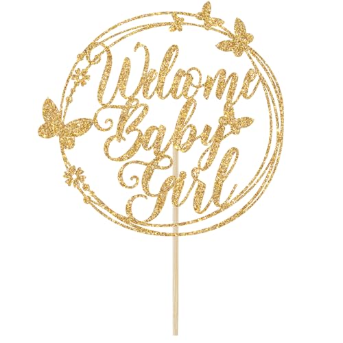 Welcome Baby Girl Cake Topper - Gold Glitter Baby Shower Decoration