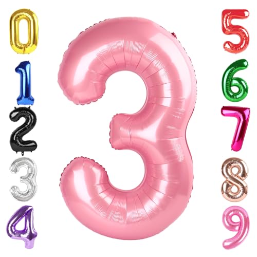 40 Inch Pearlescent Pink Number 3 Balloon for 3rd Birthday