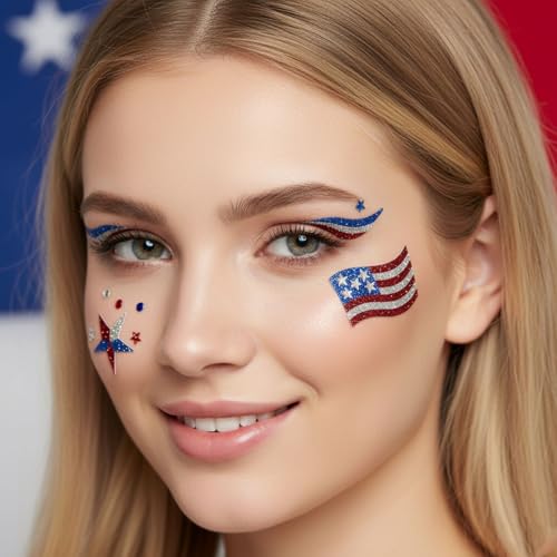 4th of July Face Stickers - USA Patriotic Makeup Decals (4 Sheets)