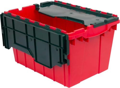 Stackable Plastic Storage Totes with Hinged Lids - 12 Gallon, Red/Green, 1-Pack