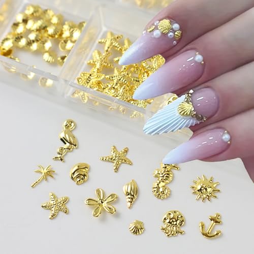 KSTBJN 12 Grids Gold Metal Nail Art Charms 3D Ocean Theme Decors