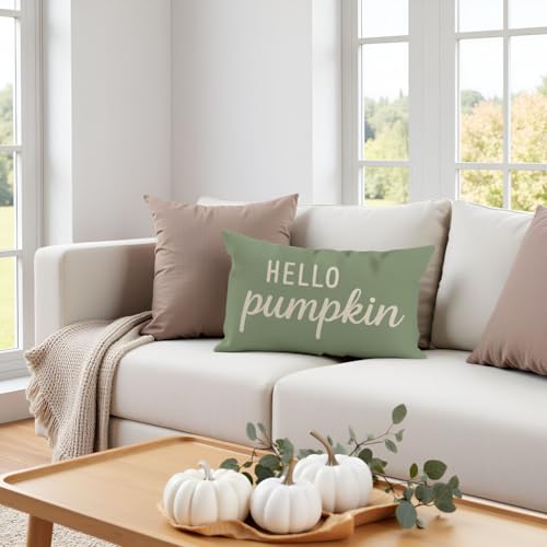Sage Green Fall Throw Pillow Cover 12x20 | Hello Pumpkin Design