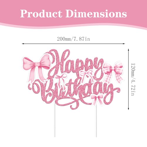 Happy Birthday Cake Topper with Elegant Pink Bow - Glitter Decoration