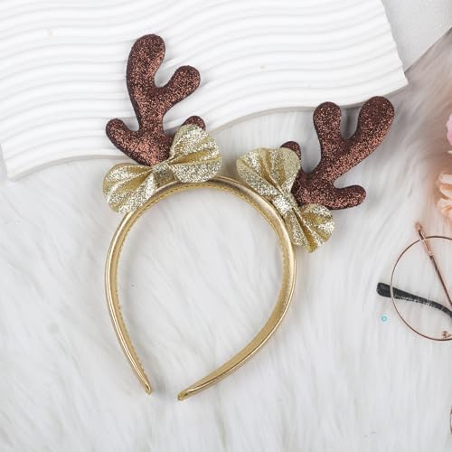 Ecuupas Christmas Antler Headband with Gold Bow Deer Ears Hair Hoop
