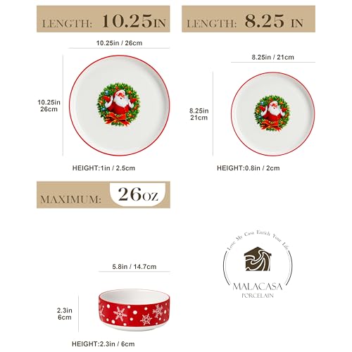 Santa Claus Christmas Dinnerware Set - 12 Pieces Porcelain Plates & Bowls for 4