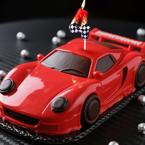 Number 4 Racing Car Birthday Candle, Black and White Checkered Wax Candle