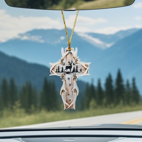 Deer & Cross Acrylic Car Rear View Mirror Ornament