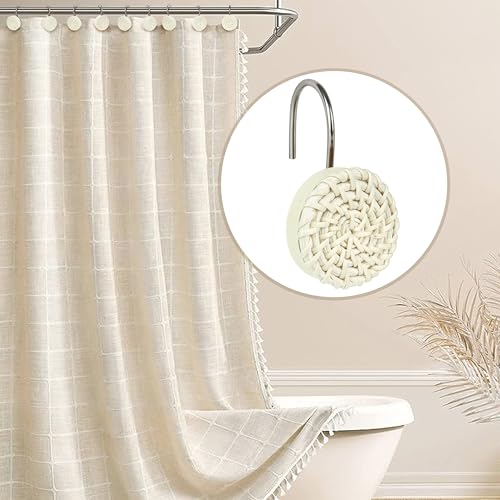Boho Woven Rattan Shower Curtain Hooks - Set of 12