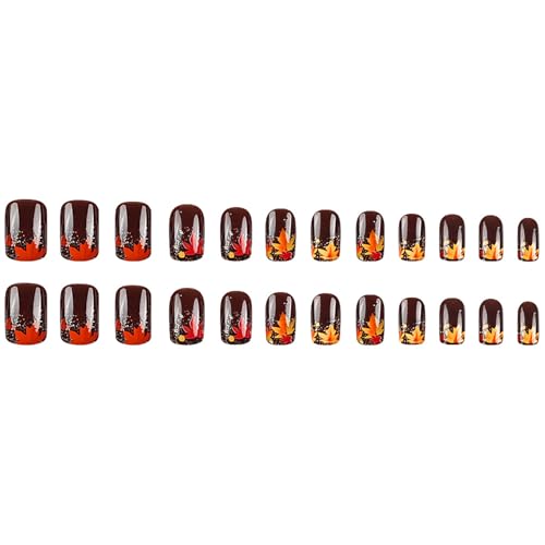 Maple Leaf Short Square Press on Nails Thanksgiving Acrylic False Nails 24Pcs