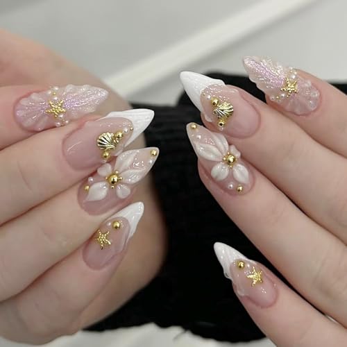 Medium Almond Press on Nails White French 3D Gold Stars Fake Nails 24pcs
