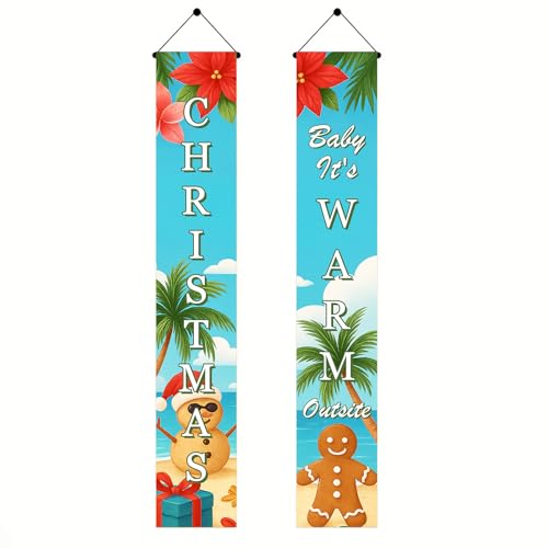 Tropical Christmas Porch Banners - Beach Snowman & Gingerbread Man