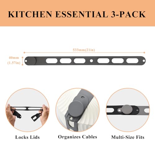 Lantellex 3-Pack Silicone Latch Straps for Slow Cooker Lids - Black/White/Gray