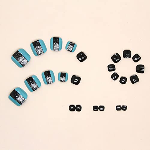 Short Press On Toenails Glossy Square False Toe Nails With Silver Glitter