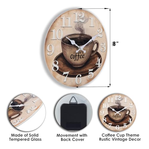 Keepcross 8-Inch Rustic Coffee Kitchen Wall Clock, Silent Glass Decor