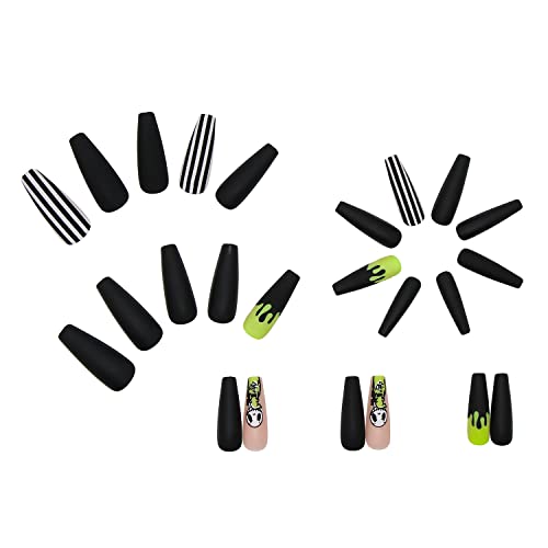 BYETOCE Long Coffin Press On Nails Halloween Black White Stripe Cute Ghost