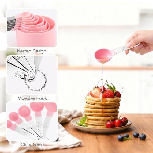 10-Piece Measuring Cups and Spoons Set with Stainless Steel Handles (Pink)